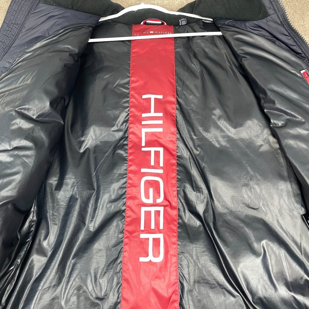 Tommy Hilfiger Puffer Jacket Mens 2XL Red White Varsity Hooded Full Zip Logo - Picture 8 of 16